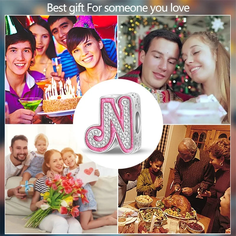 Hot Sale 925 Sterling Silver Pink 26 Letters Valentine's Day Gift Beads Suitable For Pan 925 Original Bracelet Diy Birthday