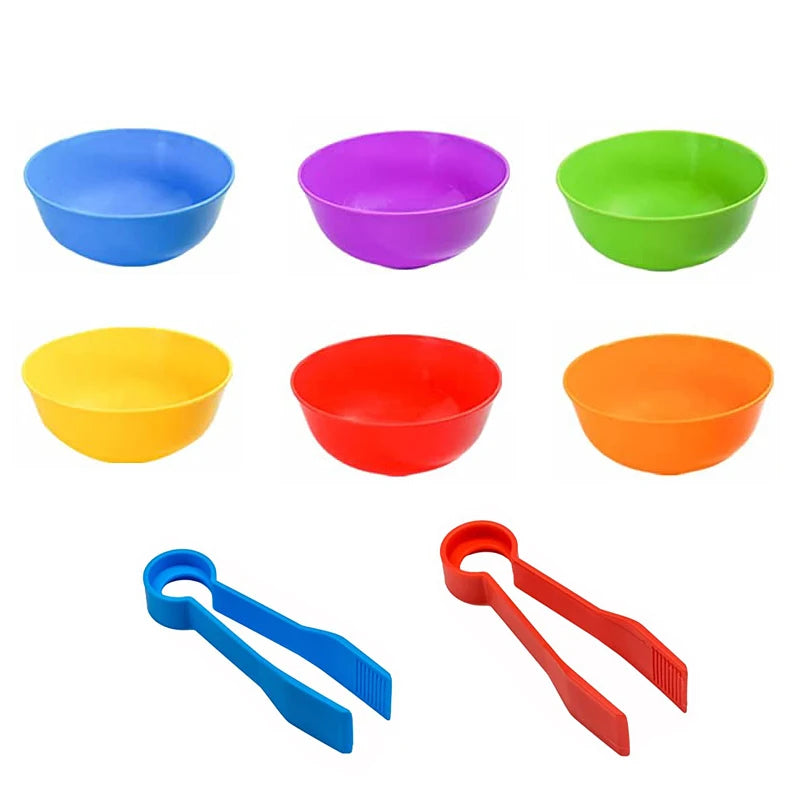 6 Plastic Bowls with 2 Tweezers Rainbow Color Sorting Fine Motor Skill Learning Activities Toys Gift for Toddlers Kid