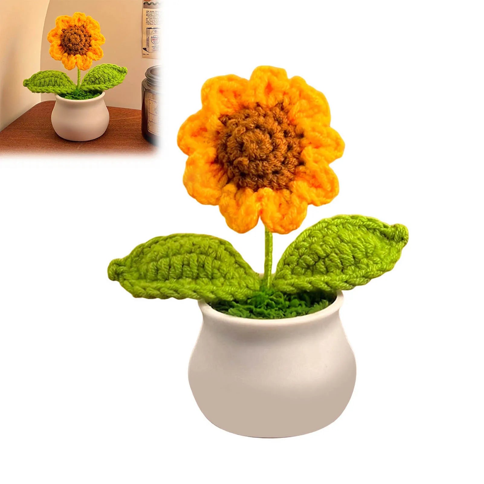 Handmade Crochet Sunflower Bouquet Car Interior Decor Knitting Potted Flower Creative Craft Birthday Gift for Women Kids
