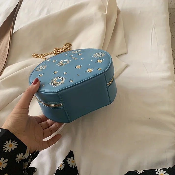 Mini Embroidered Round Bag, Chain Heart Decor Crossbody Bag, Star Moon Pattern Circle Purse Valentine's Day gift