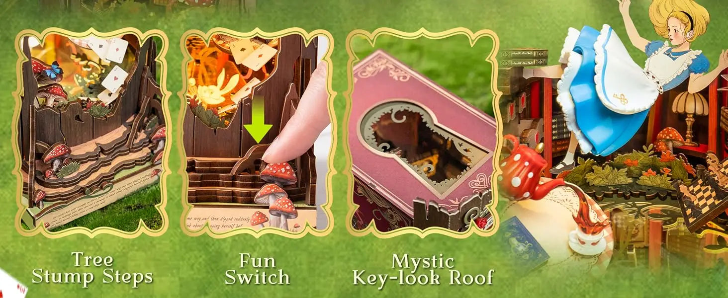 Robotime Rolife Book Nook Kits Fall into Wonder DIY Booknook with Lights Miniature House Kit 3D Wooden Puzzle Bookshelf Gift TGB