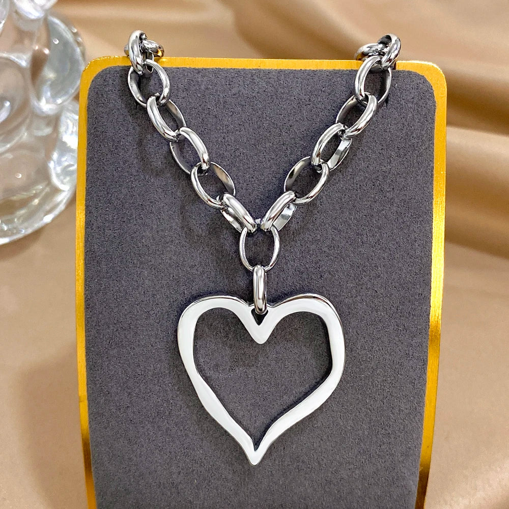 316L Stainless Steel Gold Silver Color Necklace for Women Glossy Punk Big Hollow Heart Pendant Necklaces Valentine's Day Gifts