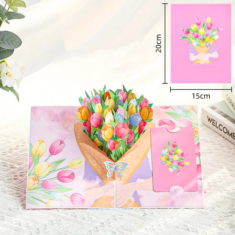 Premium 3D Pop Up Flower Bouquet Card Mothers Day Gift Valentines Day Anniversary Birthday Greeting Cards Thank You Wishes Gifts