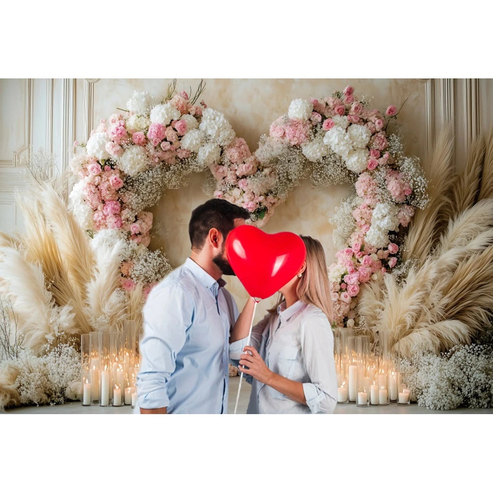 Valentine's Day Photography Backdrop Flowers Love Heart Boho Pampas Curtain Couple Portrait Wedding Photo Background Photostudio