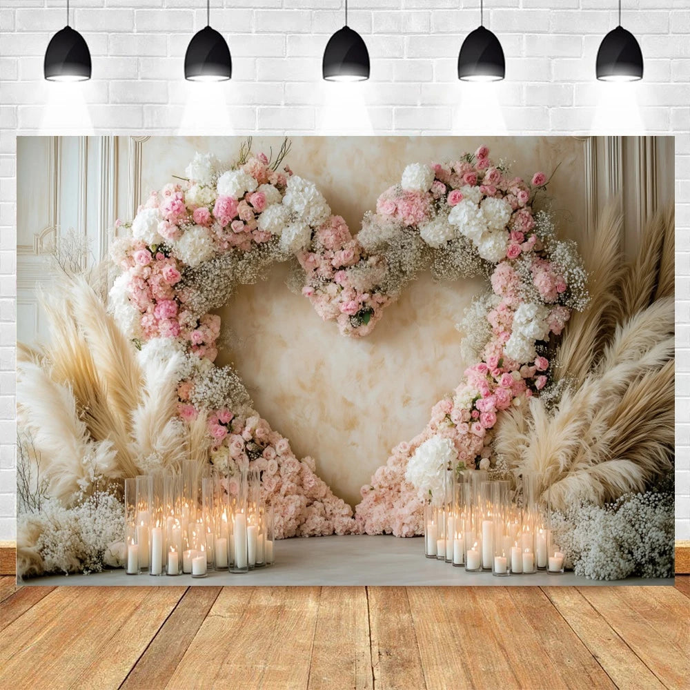 Valentine's Day Photography Backdrop Flowers Love Heart Boho Pampas Curtain Couple Portrait Wedding Photo Background Photostudio