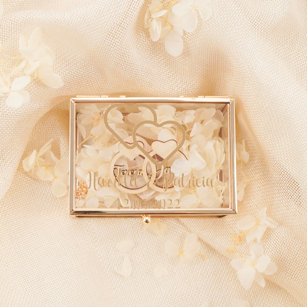 Personalized Rectangle Glass Jewelry Box, Wedding Ring Box, Double Slot, Valentine's Day, Proposal, Engagement, Gift