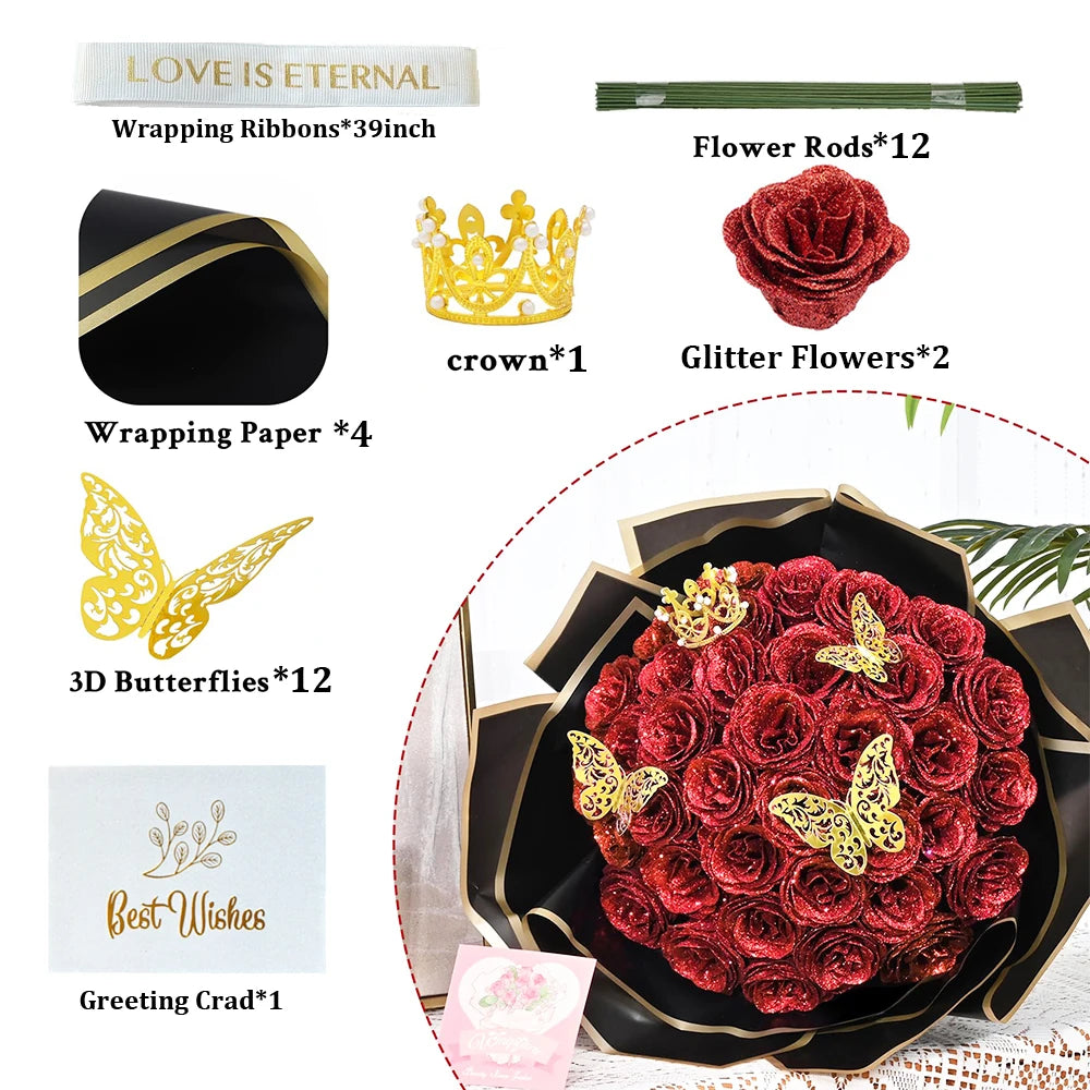 12PCS Glitter Roses Artificial Flowers DIY Bouquet Everlasting Fake Flower for Wedding Anniversary Valentines Day Mothers Gifts