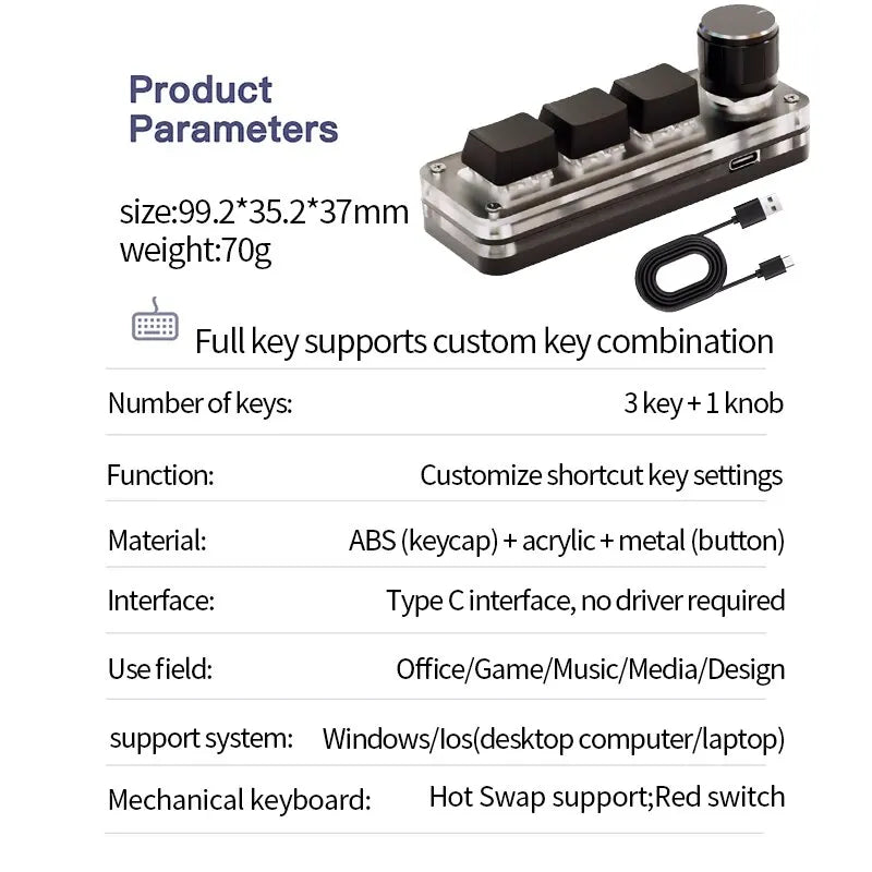 USB Mechanical Keyboard Gamer 3Keys Macro Custom Keyboard RGB Gaming Custom Programming Knob Mini Keyboard Keypads For Photoshop