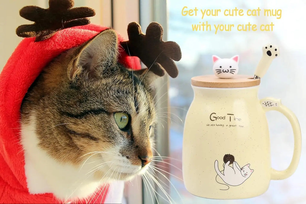 Kawaii Tea Cup Cute Cat Ceramic Coffee Mug with Kitty Lid and Spoon Japanese style Novelty Gifts for Women Cat lover Gifts 16oz