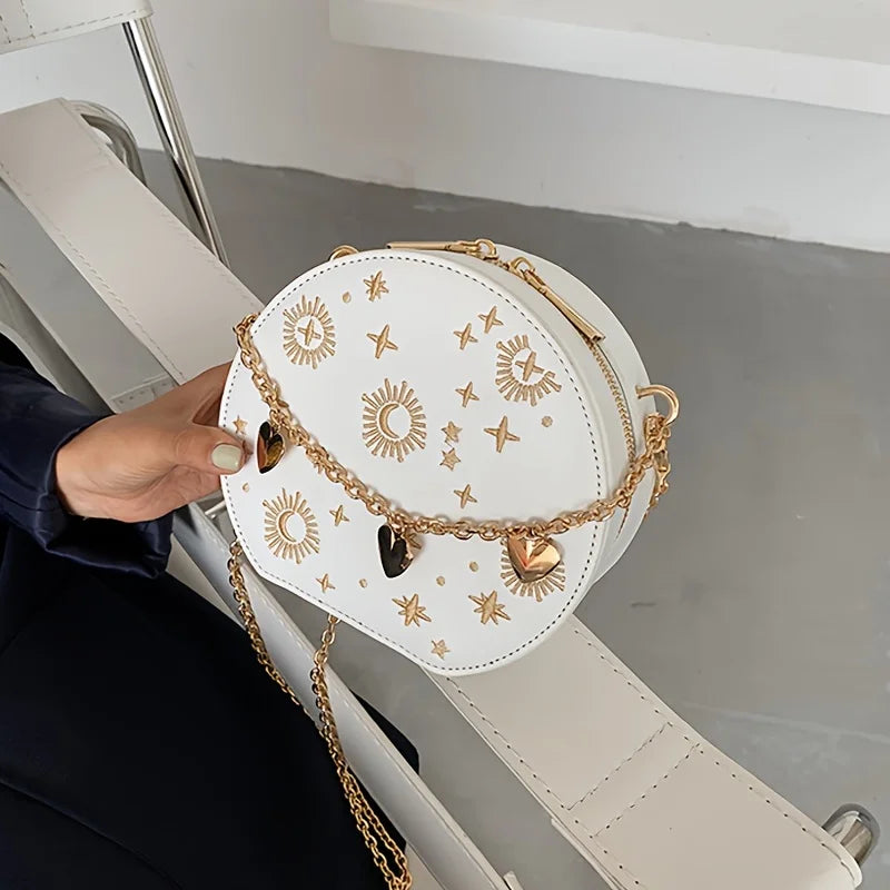 Mini Embroidered Round Bag, Chain Heart Decor Crossbody Bag, Star Moon Pattern Circle Purse Valentine's Day gift