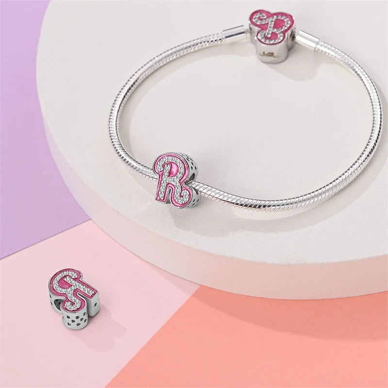 Hot Sale 925 Sterling Silver Pink 26 Letters Valentine's Day Gift Beads Suitable For Pan 925 Original Bracelet Diy Birthday