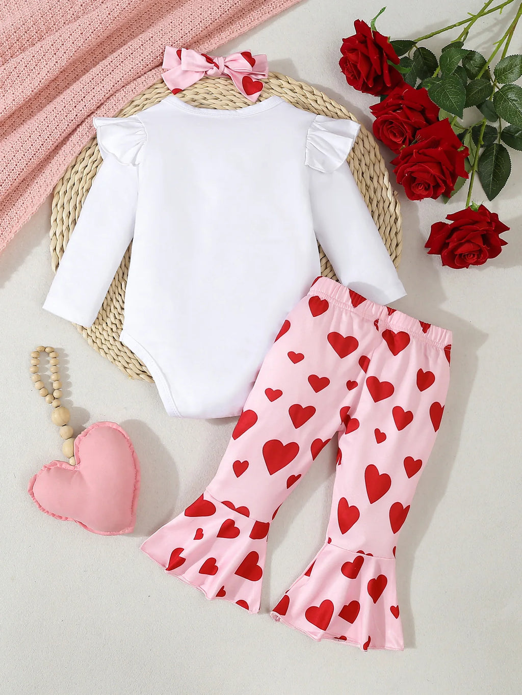 Newborn Baby Girl Clothing Set Letter Print Jumpsuit Heart Bell-bottoms  Headband 3pcs Toddler Baby Girl Clothes Valentine's Day