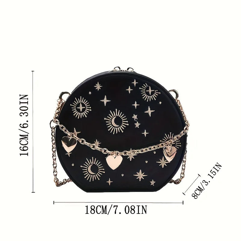 Mini Embroidered Round Bag, Chain Heart Decor Crossbody Bag, Star Moon Pattern Circle Purse Valentine's Day gift