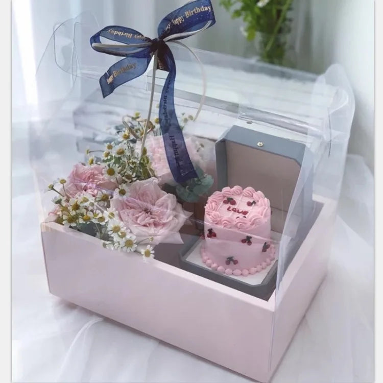 Valentine's Day Flower Cake Gift Box Pink PVC Transparent Hand-held Integrated Cake Box Baking Packaging Gift Fruit Flower Boxes