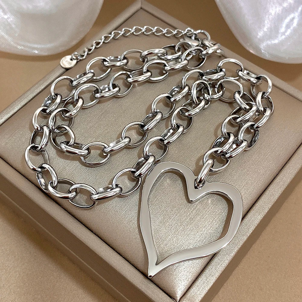 316L Stainless Steel Gold Silver Color Necklace for Women Glossy Punk Big Hollow Heart Pendant Necklaces Valentine's Day Gifts