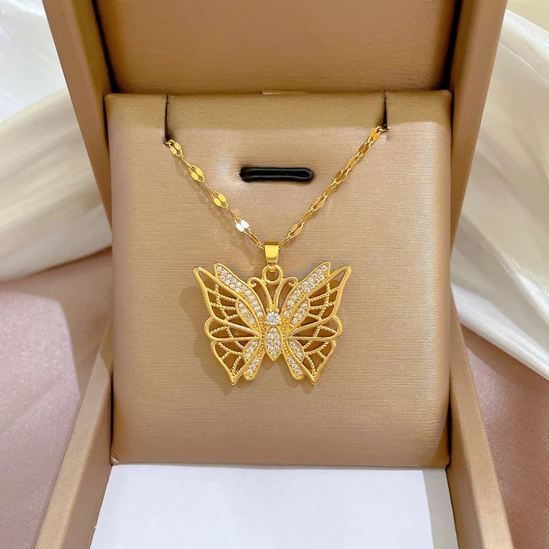 Trendy Heart Butterfly Stainless Steel Pendant Necklaces For Women Girls Mother Gold Color Metal Crystal Jewelry Party Birthday