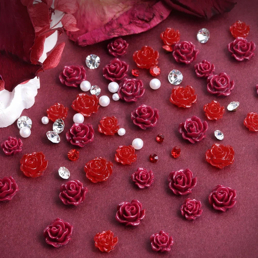 Red Camellia Flower Resin Filling Accessories Shiny Diamond With Pearl Beads Metal Leaf Valentine's Day Gifts DIY Jewelry Making