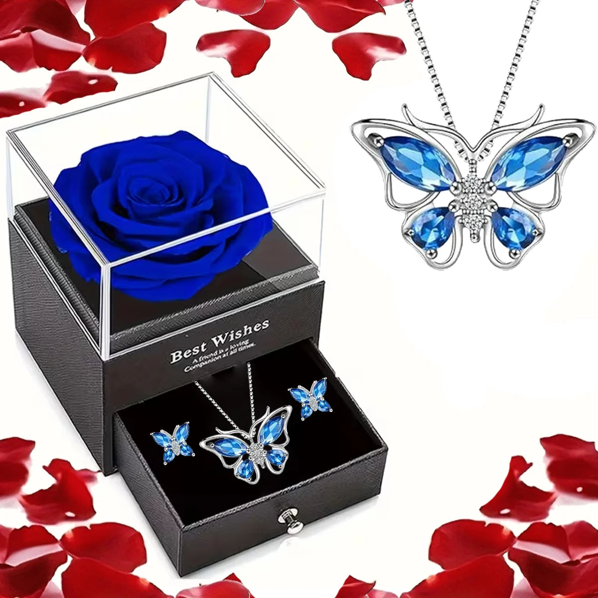 Red Rose Flower Gift Box with Heart-Shaped Lucky Stone Pendant Necklace,for Mom, Wife - Mother's Day, Valentine's Day, Birthday