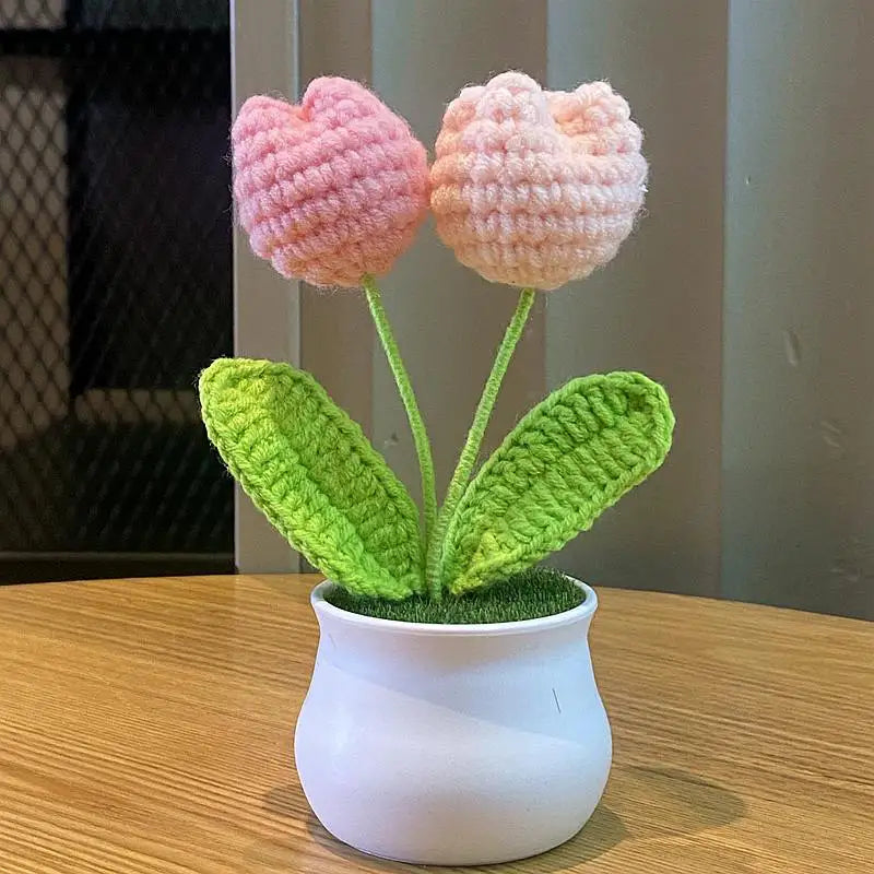 1/2/4Pcs DIY Handwoven Mini Potted Flower Rose Office Desktop Ornamental Potted Plants Woolen Thread Finished Product Home Decor