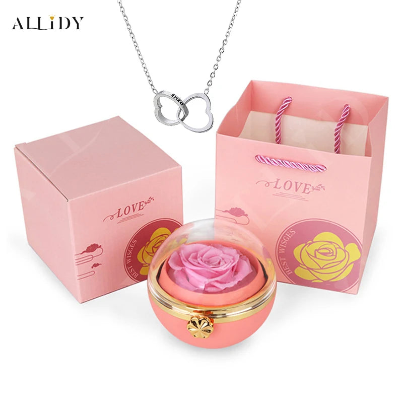 Eternal Rose Round Jewelry Box Personalized Custom Engraved Name Necklace Heart Pendant Women Valentine's Day Christmas Gift
