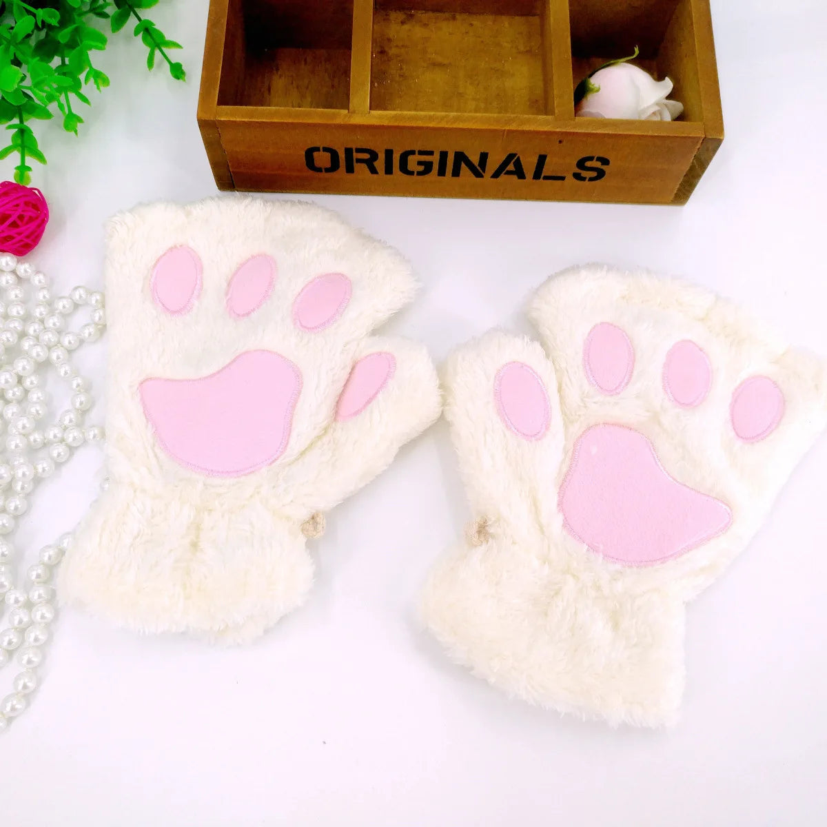 Rimiut Cartoon Cat Claw Gloves for Women Girls Thickened Plush Lovely Style Bear Paw Exposed Fingers Half Finger Winter Gloves