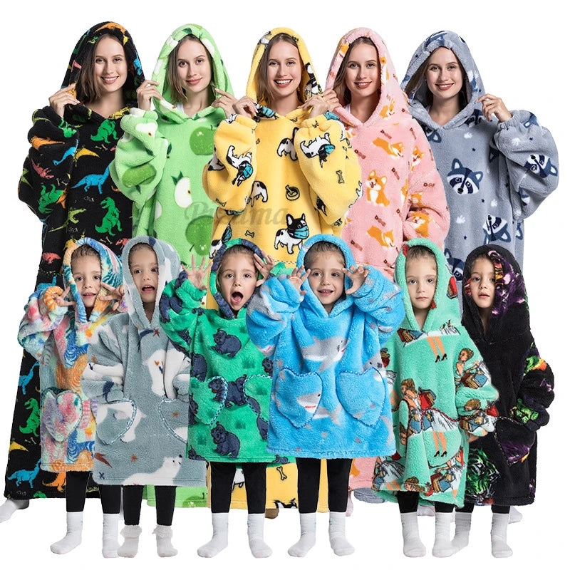 Oversize Winter Sherpa Blanket Plush Polar Fleece Family Matching Hoodie Girl Sweatshirt Homewear Avocado Animal Print Outwear
