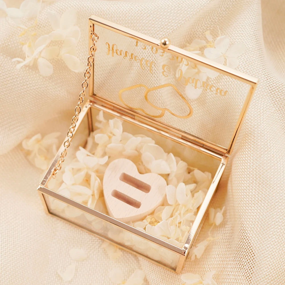 Personalized Rectangle Glass Jewelry Box, Wedding Ring Box, Double Slot, Valentine's Day, Proposal, Engagement, Gift