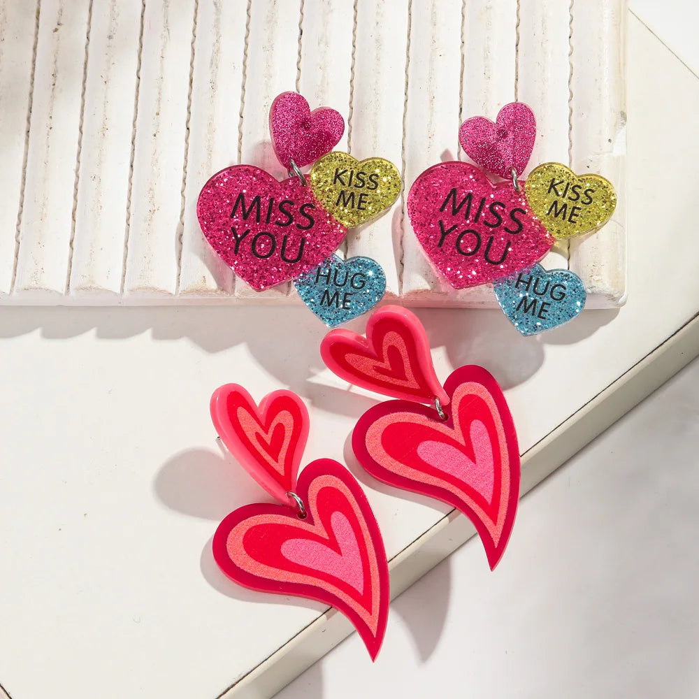 New Glitter Love Heart Acrylic Splicing Earrings Women Sweet Statement Peach Drop Earring Romantic Jewelry Valentine's Day Gifts