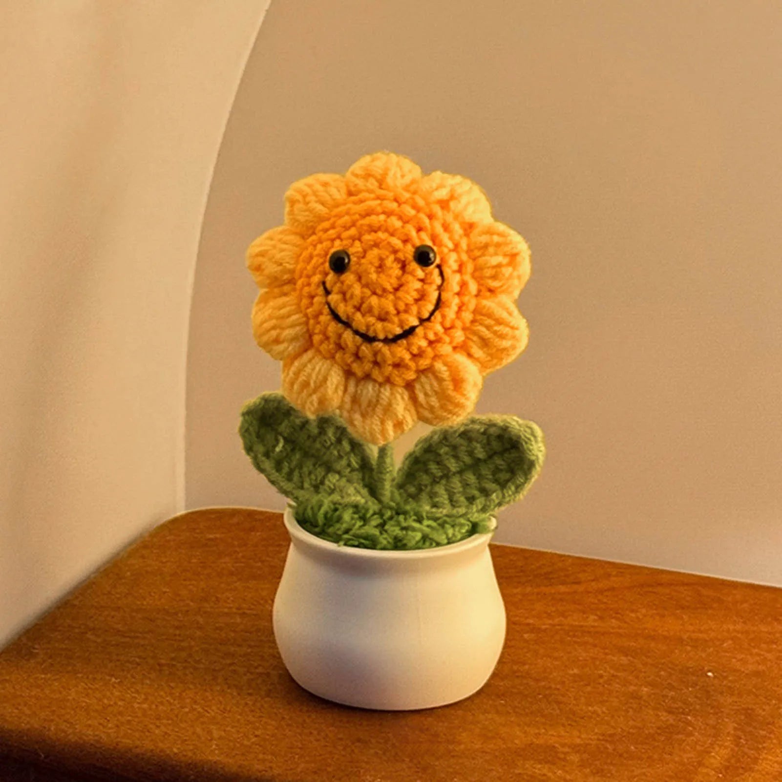 Handmade Crochet Sunflower Bouquet Car Interior Decor Knitting Potted Flower Creative Craft Birthday Gift for Women Kids