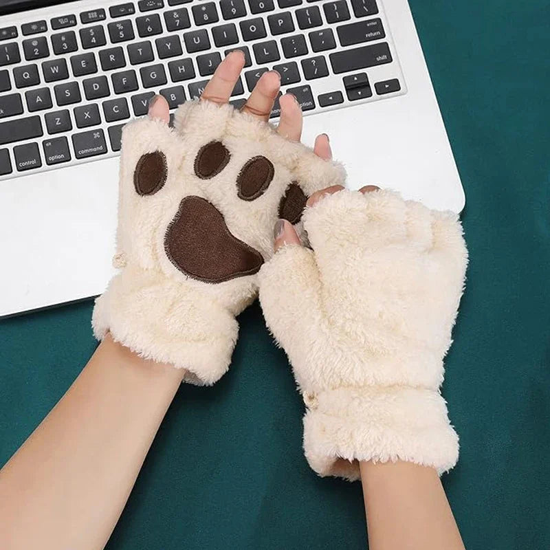 Women Winter Fashion Plush Gloves, Cat Paw Design Half-finger Warm Gloves, Suitable for Office Use Cycling Outdoor Activities