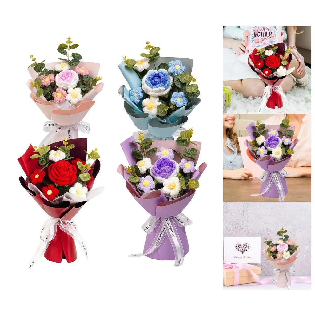 Knitted Flower Finished Home Decoration Crochet Flower Bouquet for Teacher’ Day Birthday Anniversary Thanksgiving Day Women