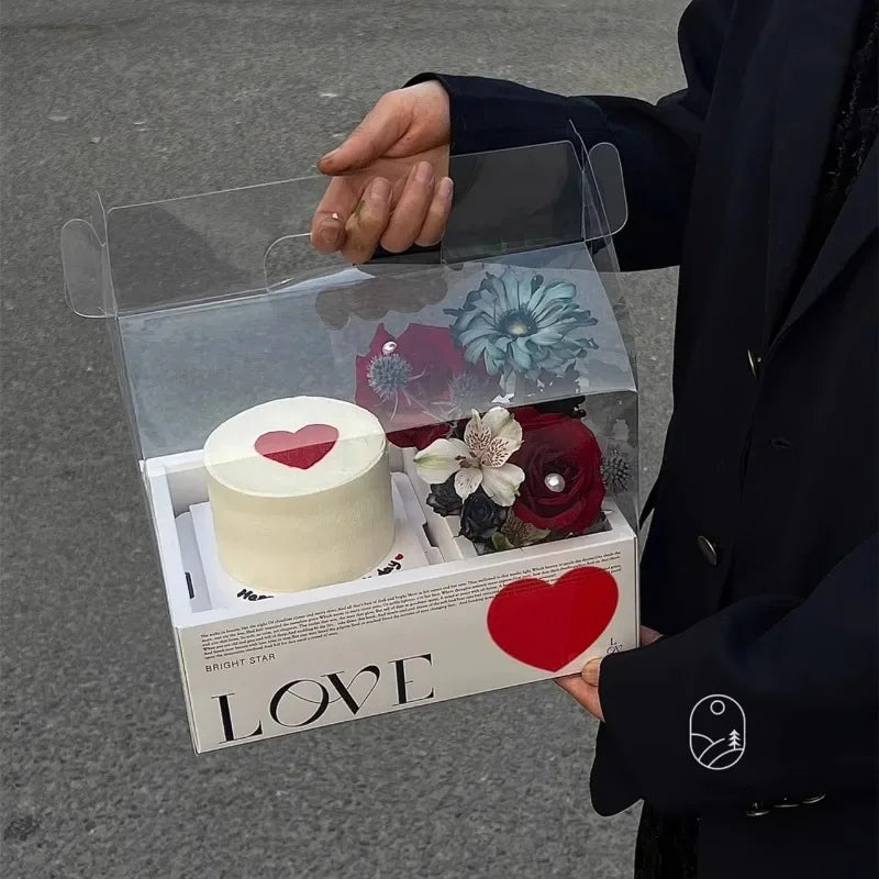Valentine's Day Flower Cake Gift Box Pink PVC Transparent Hand-held Integrated Cake Box Baking Packaging Gift Fruit Flower Boxes