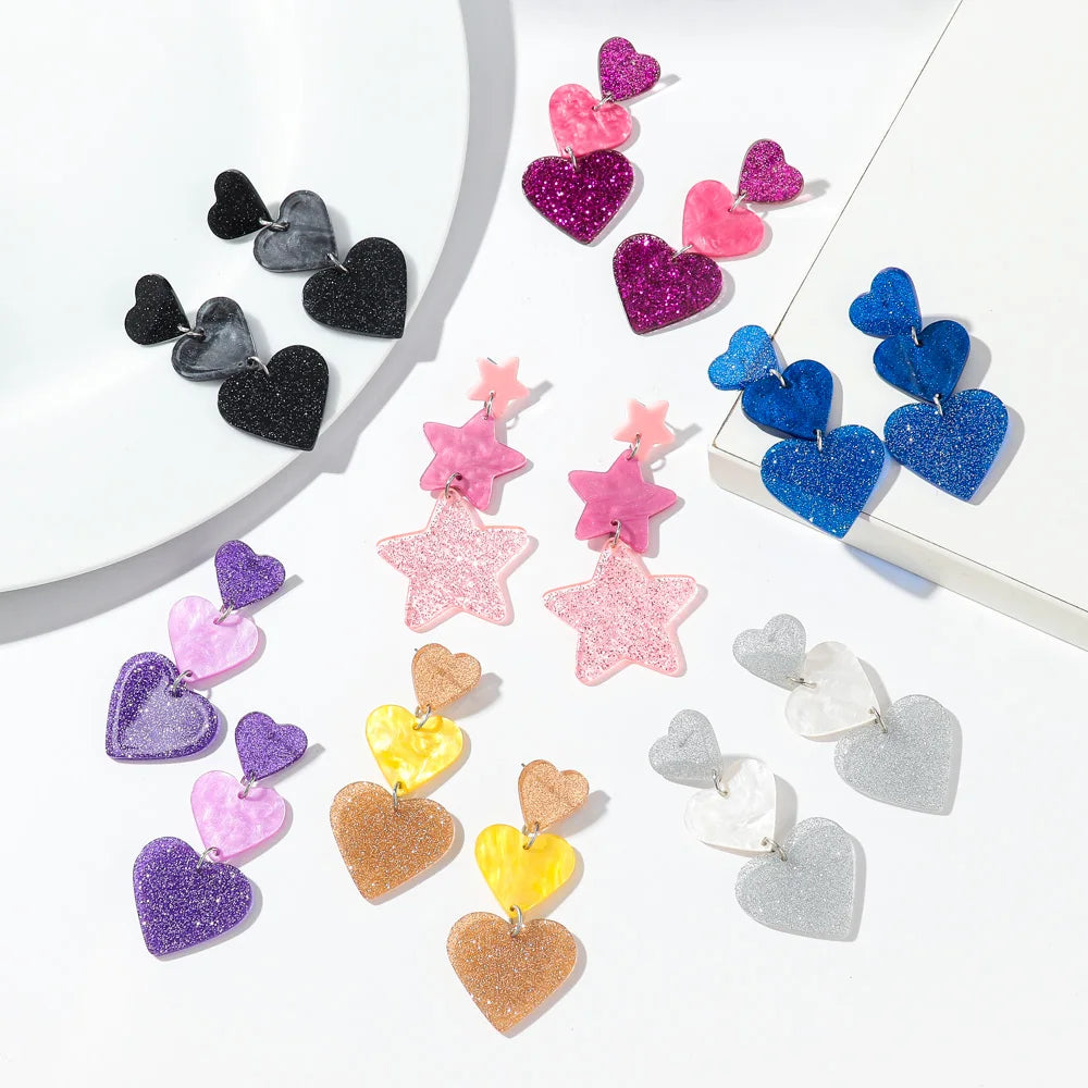 New Glitter Love Heart Acrylic Splicing Earrings Women Sweet Statement Peach Drop Earring Romantic Jewelry Valentine's Day Gifts