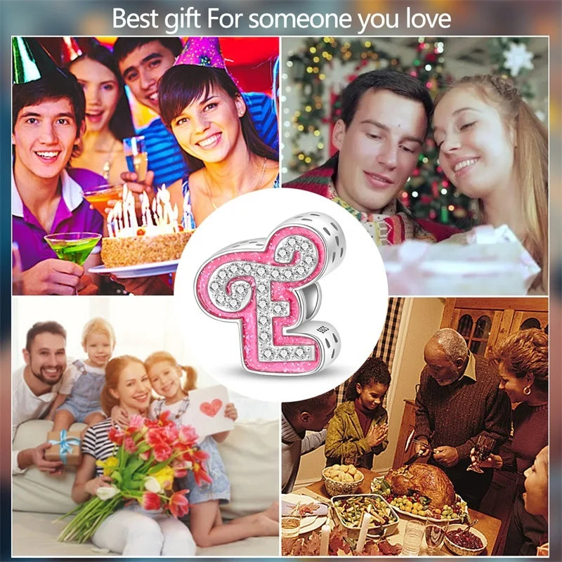 Hot Sale 925 Sterling Silver Pink 26 Letters Valentine's Day Gift Beads Suitable For Pan 925 Original Bracelet Diy Birthday