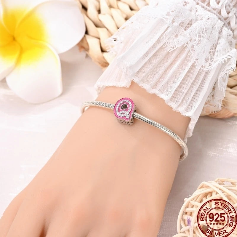 Hot Sale 925 Sterling Silver Pink 26 Letters Valentine's Day Gift Beads Suitable For Pan 925 Original Bracelet Diy Birthday