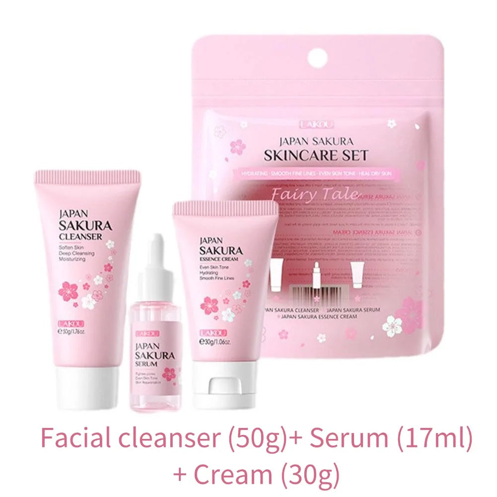Sakura skin care sets with cleanser, serum, eye cream, facial cream, sunscreen beauty products for women, travel skin care kit
