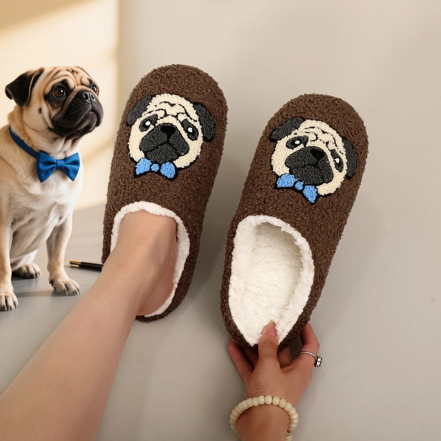 A Pair of Brown Pug Pet Embroider Pattern Plush Home Soft-Soled Comfortable Furry Slippers, Cute, Warm and Non-Slip Indoor Slippers for Men and Women, Lightweight Silent and Comfortable Shoes That Can Be Worn by Christmas, th
