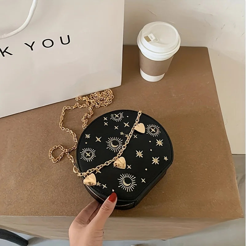 Mini Embroidered Round Bag, Chain Heart Decor Crossbody Bag, Star Moon Pattern Circle Purse Valentine's Day gift