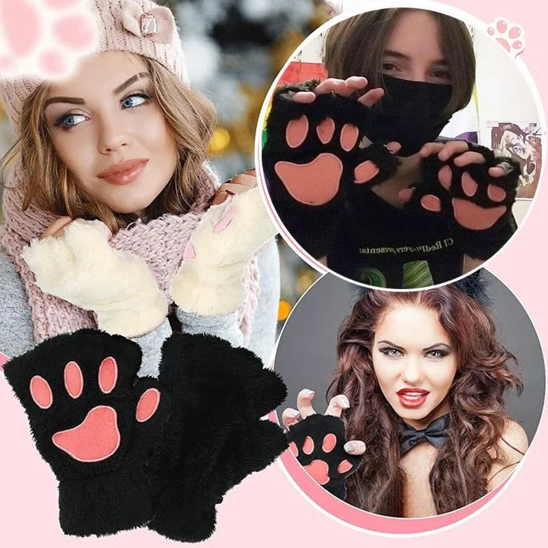 Women Winter Fashion Plush Gloves, Cat Paw Design Half-finger Warm Gloves, Suitable for Office Use Cycling Outdoor Activities