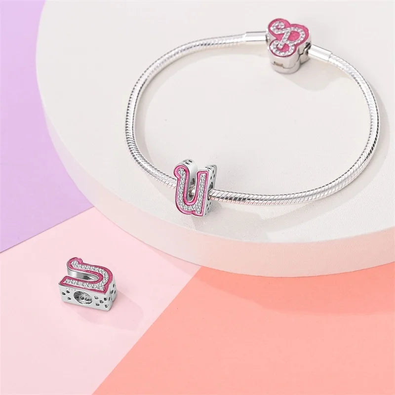 Hot Sale 925 Sterling Silver Pink 26 Letters Valentine's Day Gift Beads Suitable For Pan 925 Original Bracelet Diy Birthday