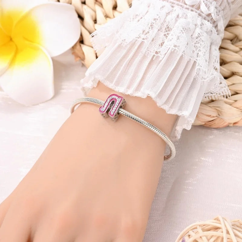 Hot Sale 925 Sterling Silver Pink 26 Letters Valentine's Day Gift Beads Suitable For Pan 925 Original Bracelet Diy Birthday