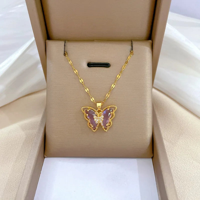 Trendy Heart Butterfly Stainless Steel Pendant Necklaces For Women Girls Mother Gold Color Metal Crystal Jewelry Party Birthday