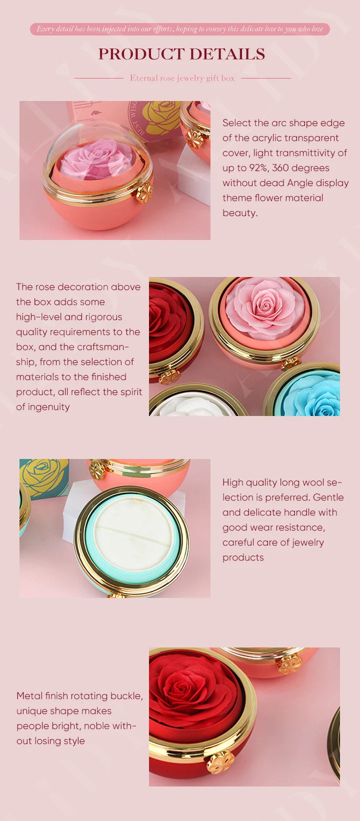 Eternal Rose Round Jewelry Box Personalized Custom Engraved Name Necklace Heart Pendant Women Valentine's Day Christmas Gift