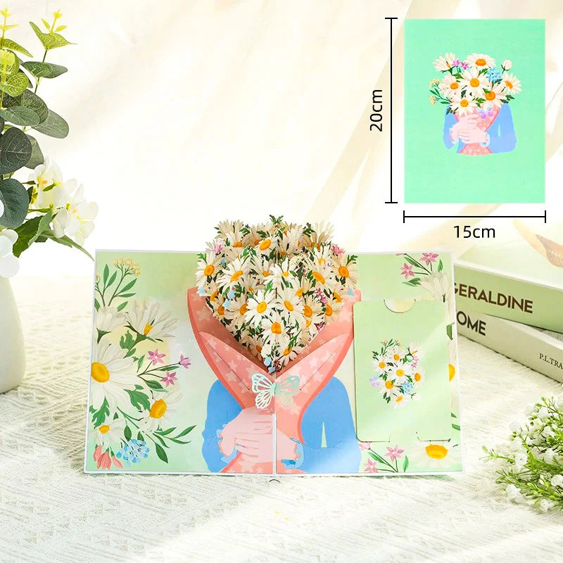 Premium 3D Pop Up Flower Bouquet Card Mothers Day Gift Valentines Day Anniversary Birthday Greeting Cards Thank You Wishes Gifts