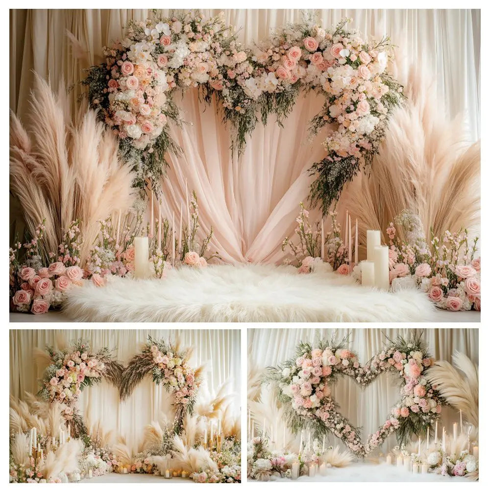 Valentine's Day Photography Backdrop Flowers Love Heart Boho Pampas Curtain Couple Portrait Wedding Photo Background Photostudio