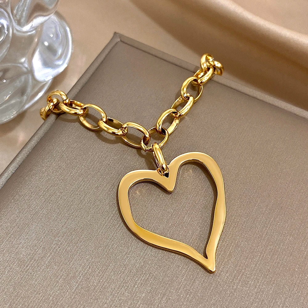 316L Stainless Steel Gold Silver Color Necklace for Women Glossy Punk Big Hollow Heart Pendant Necklaces Valentine's Day Gifts