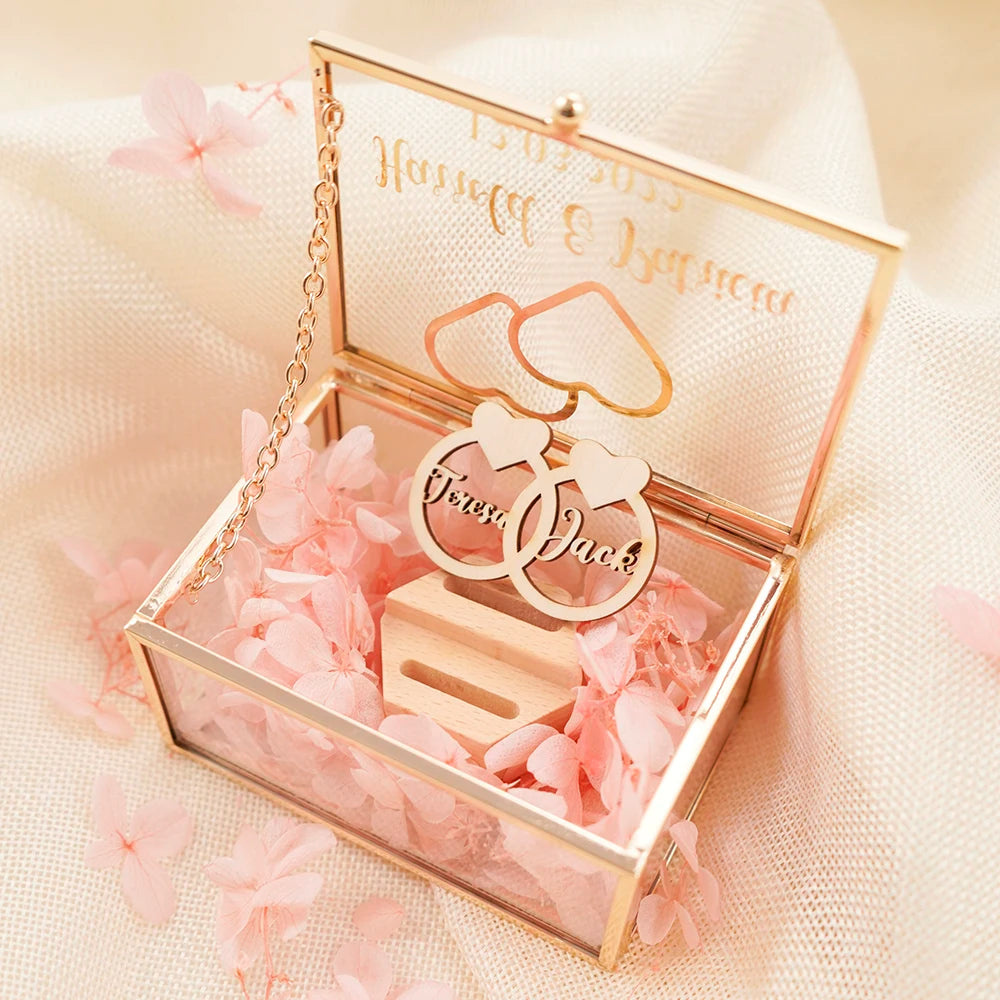 Personalized Rectangle Glass Jewelry Box, Wedding Ring Box, Double Slot, Valentine's Day, Proposal, Engagement, Gift