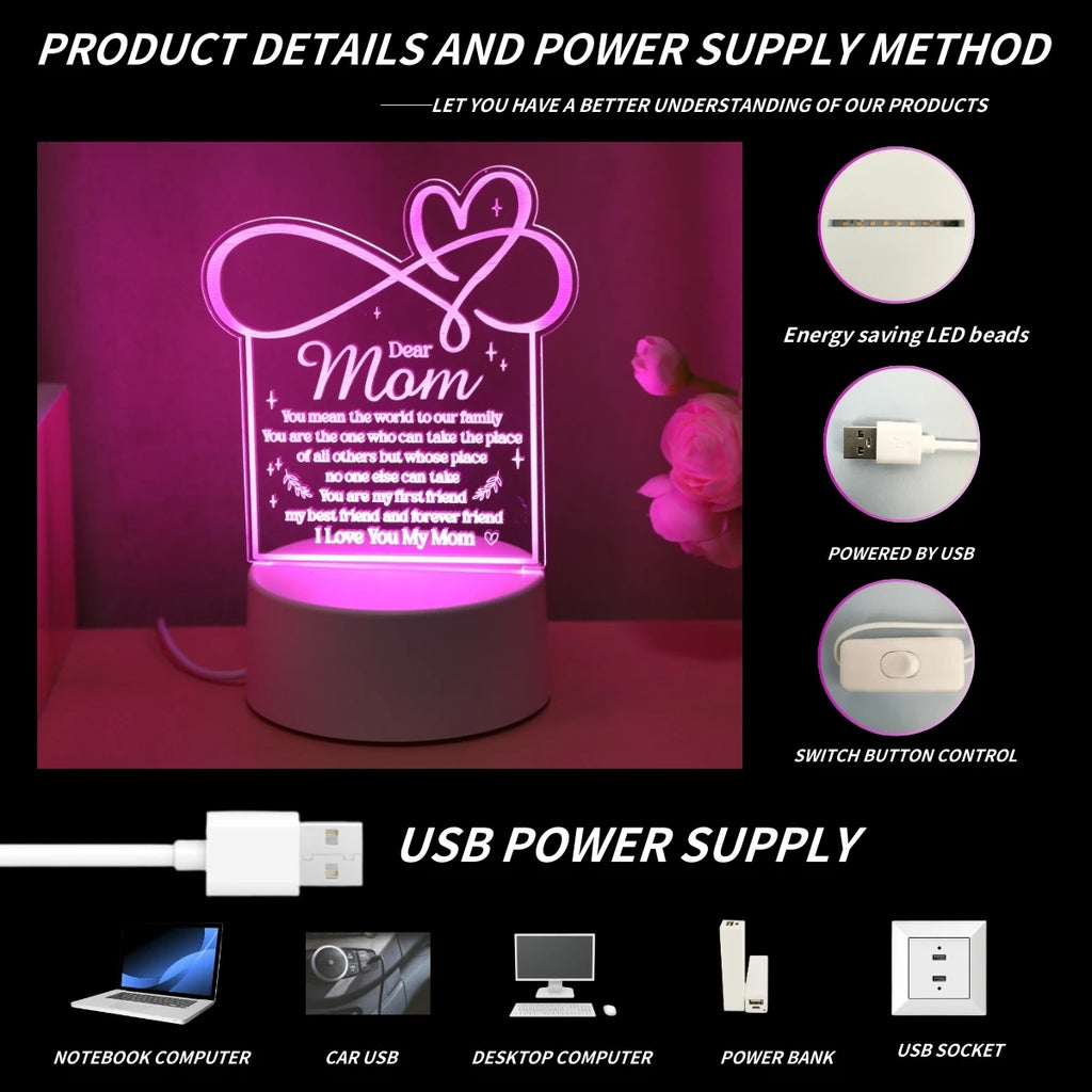 USB powered Love Mom Night Light, the ideal gift for mothers on birthdays, Christmas, Mother's Day, and Thanksgiving!