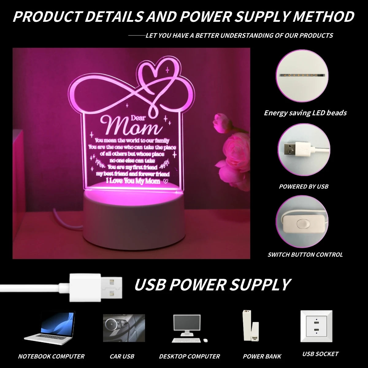 USB powered Love Mom Night Light, the ideal gift for mothers on birthdays, Christmas, Mother's Day, and Thanksgiving!