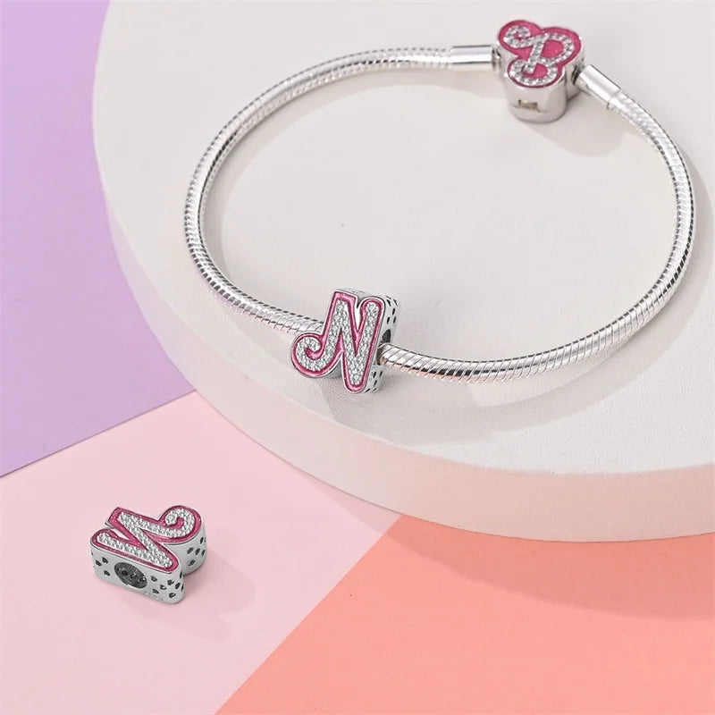 Hot Sale 925 Sterling Silver Pink 26 Letters Valentine's Day Gift Beads Suitable For Pan 925 Original Bracelet Diy Birthday